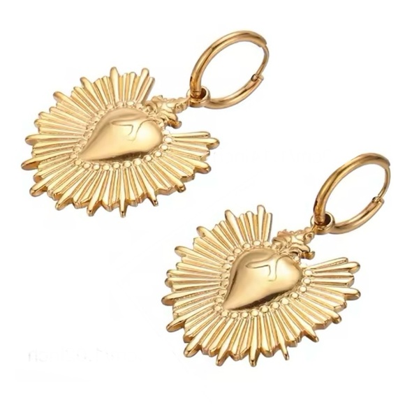 “Sacred Heart” Fiery Floral Radiating Bursting Jesus Mary Catholic Steel Earring - Picture 3 of 11